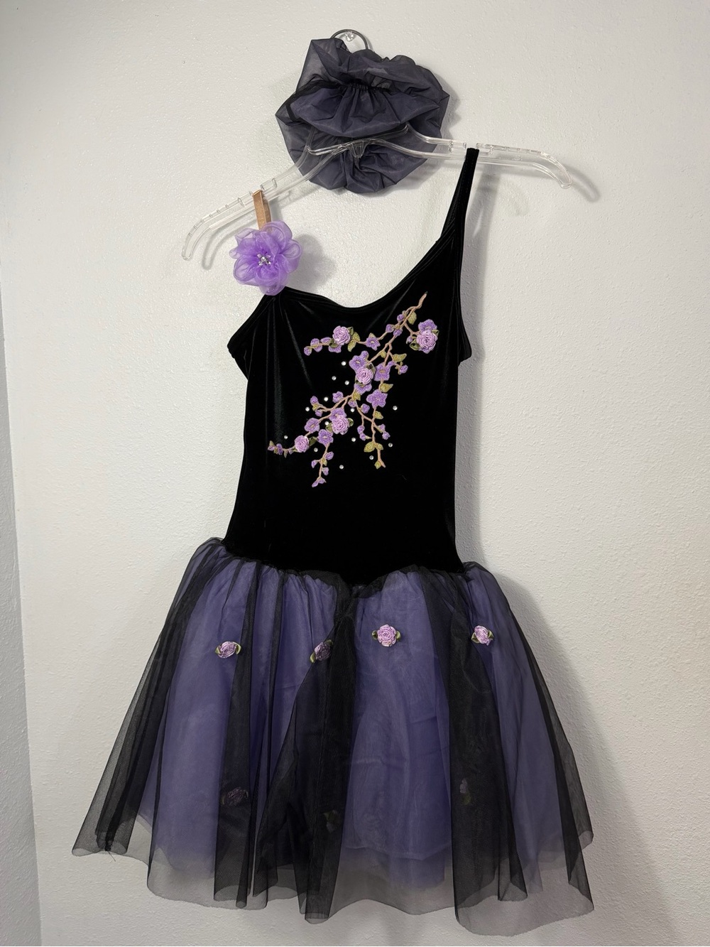 Girls Black Velvet and Purple Floral Tutu Dance Costume